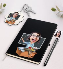 Kişiye Özel Bayan Öğretmen Karikatürlü Siyah Defter Kalem Ve Anahtarlık Hediye Seti-2