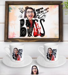 Kişiye Özel Kadın Big Boss Karikatürlü Doğal Ahşap Tepsi ve 2’li Kahve Fincan Seti-3