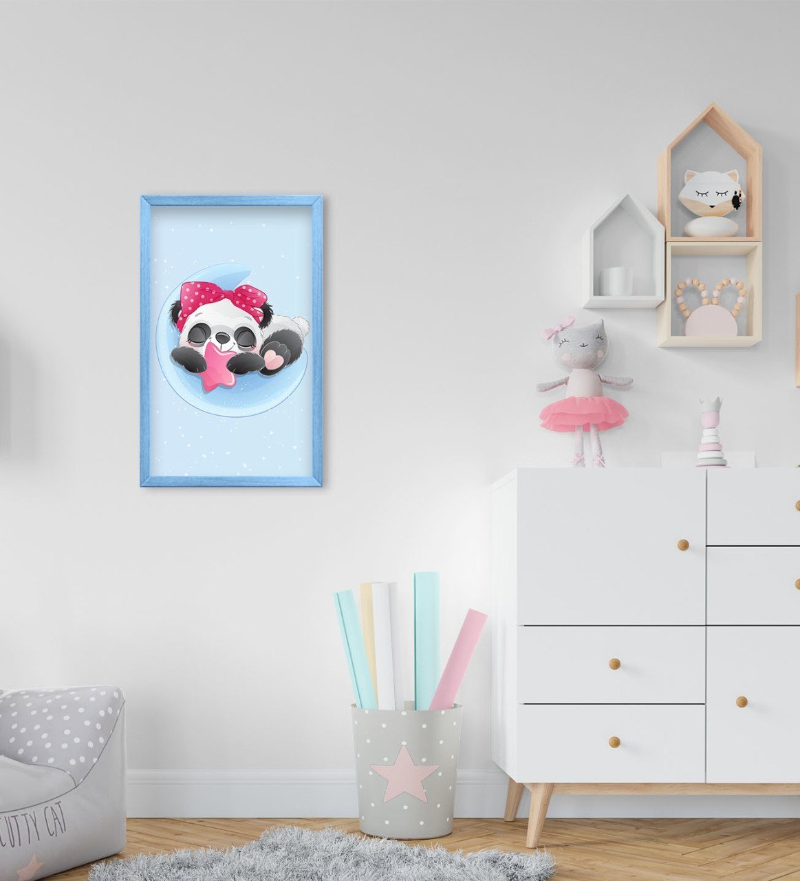 BK Home Sevimli Panda Tasarımlı Dekoratif Mavi Ahşap Çerçeveli Çocuk Odası Tablo-6