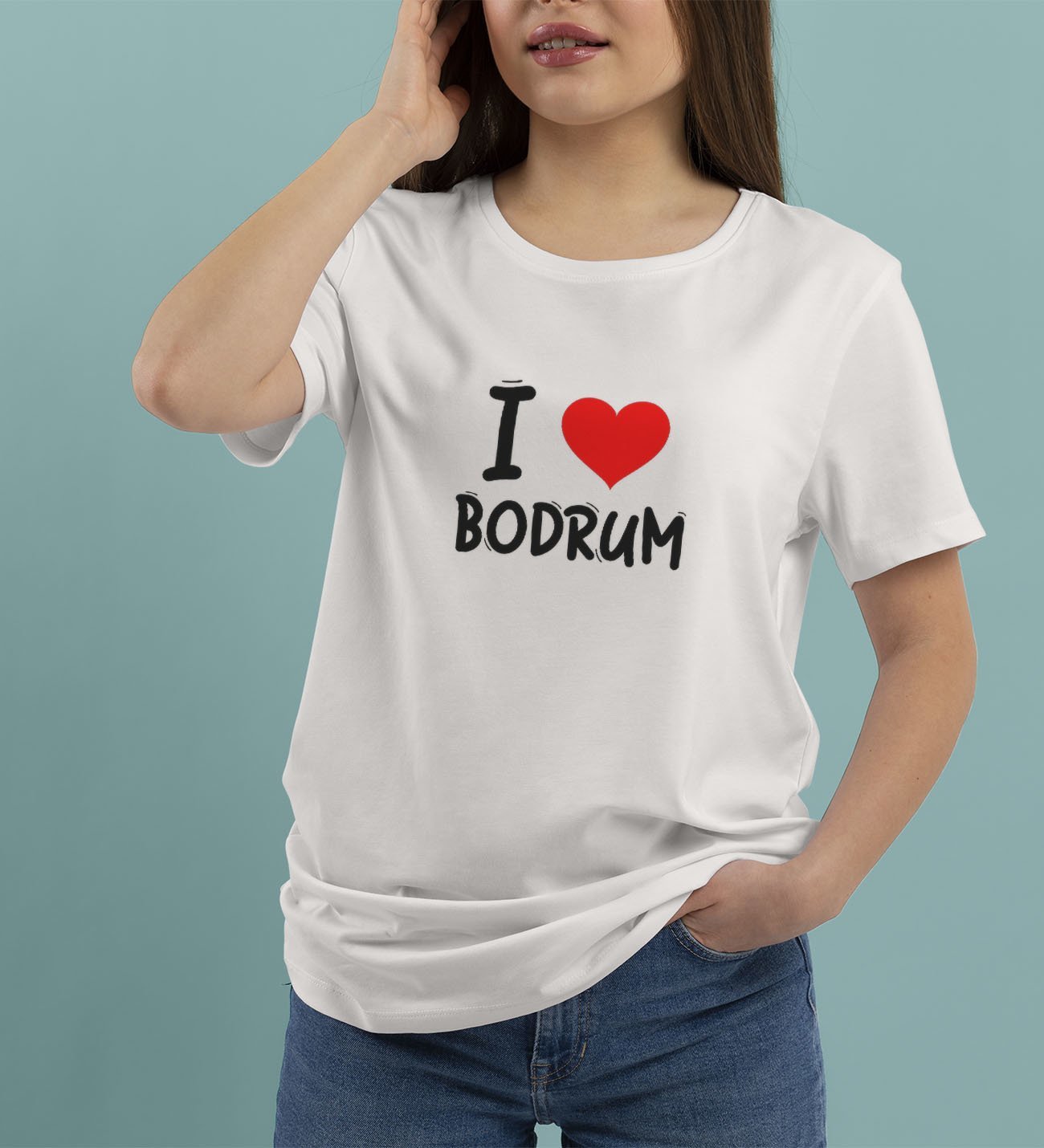 BK Gift I Love Bodrum Tasarımlı Kadın Yuvarlak Yaka Tişört-1