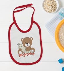 BK Kids Sevimli Ayı Tasarımlı Kırmızı Bebek Mama Önlüğü-1