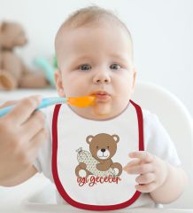 BK Kids Sevimli Ayı Tasarımlı Kırmızı Bebek Mama Önlüğü-1