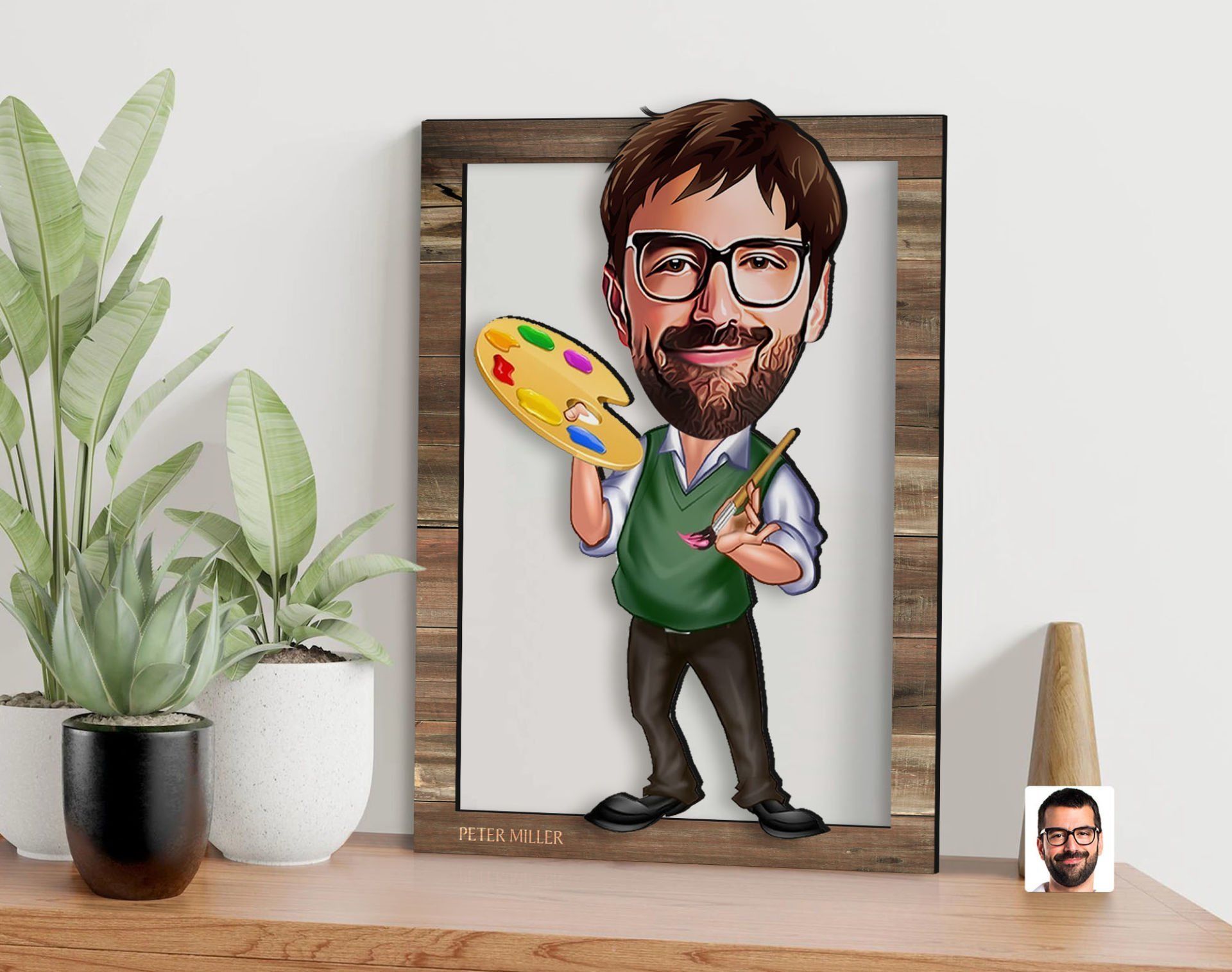 BK Gift Kişiye Özel Ressam Karikatürlü 3D Ahşap Tablo, Sevgiliye Hediye, Arkadaşa Hediye, Yıl Dönümü Hediyesi, Doğum Günü Hediyesi-1