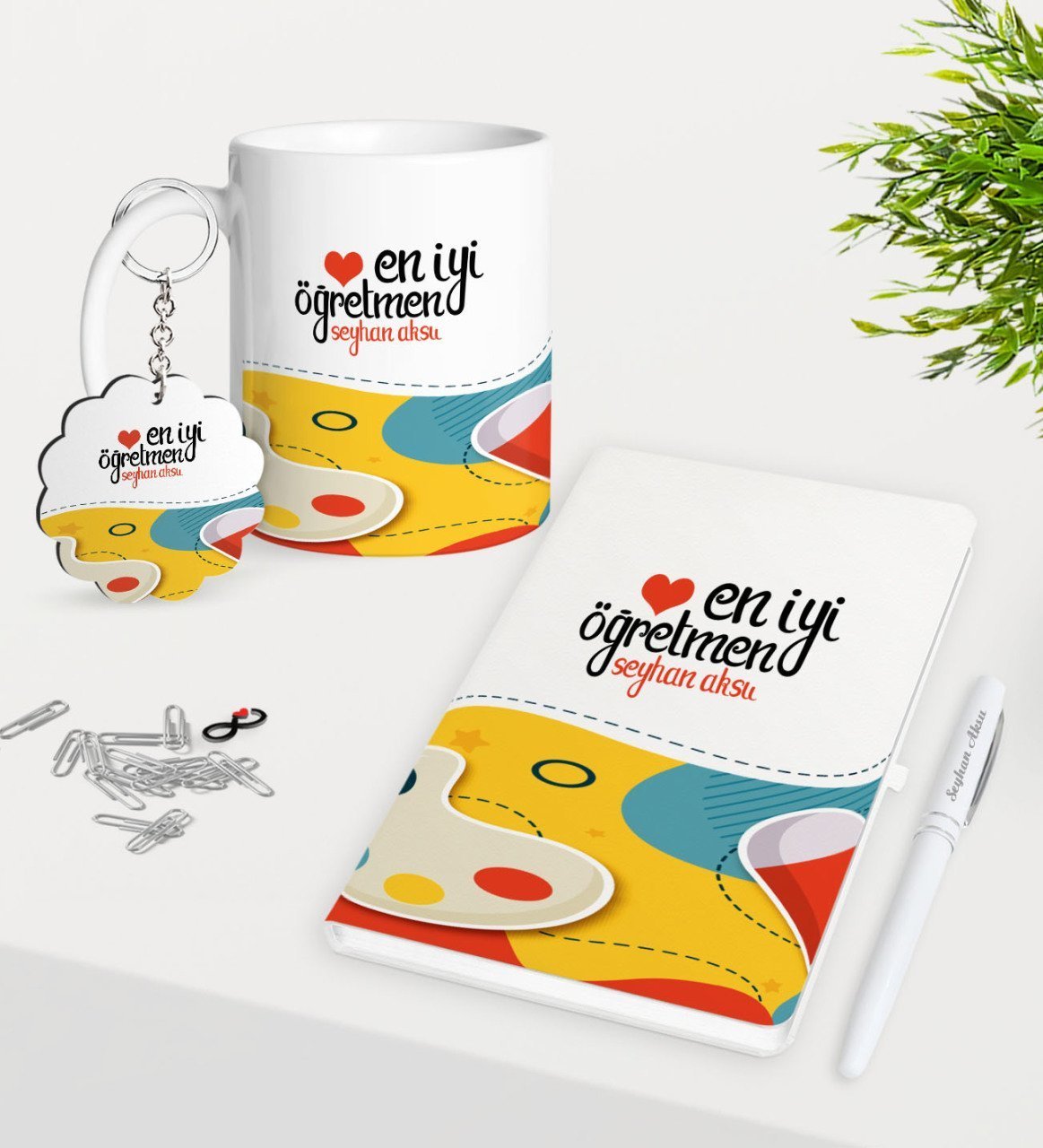 Kişiye Özel En İyi Öğretmen Kupa Anahtarlık Beyaz Defter Kalem Hediye Seti-4