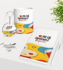 Kişiye Özel En İyi Öğretmen Kupa Anahtarlık Beyaz Defter Kalem Hediye Seti-4