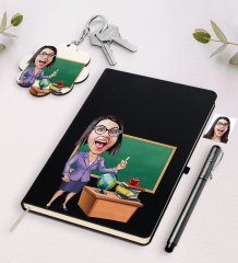 Kişiye Özel Bayan Öğretmen Karikatürlü Siyah Defter Kalem Ve Anahtarlık Hediye Seti-1