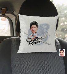 Kişiye Özel İsimli Erkek Kaptan Pilot Karikatürlü Kare Araç Koltuk Yastığı-1