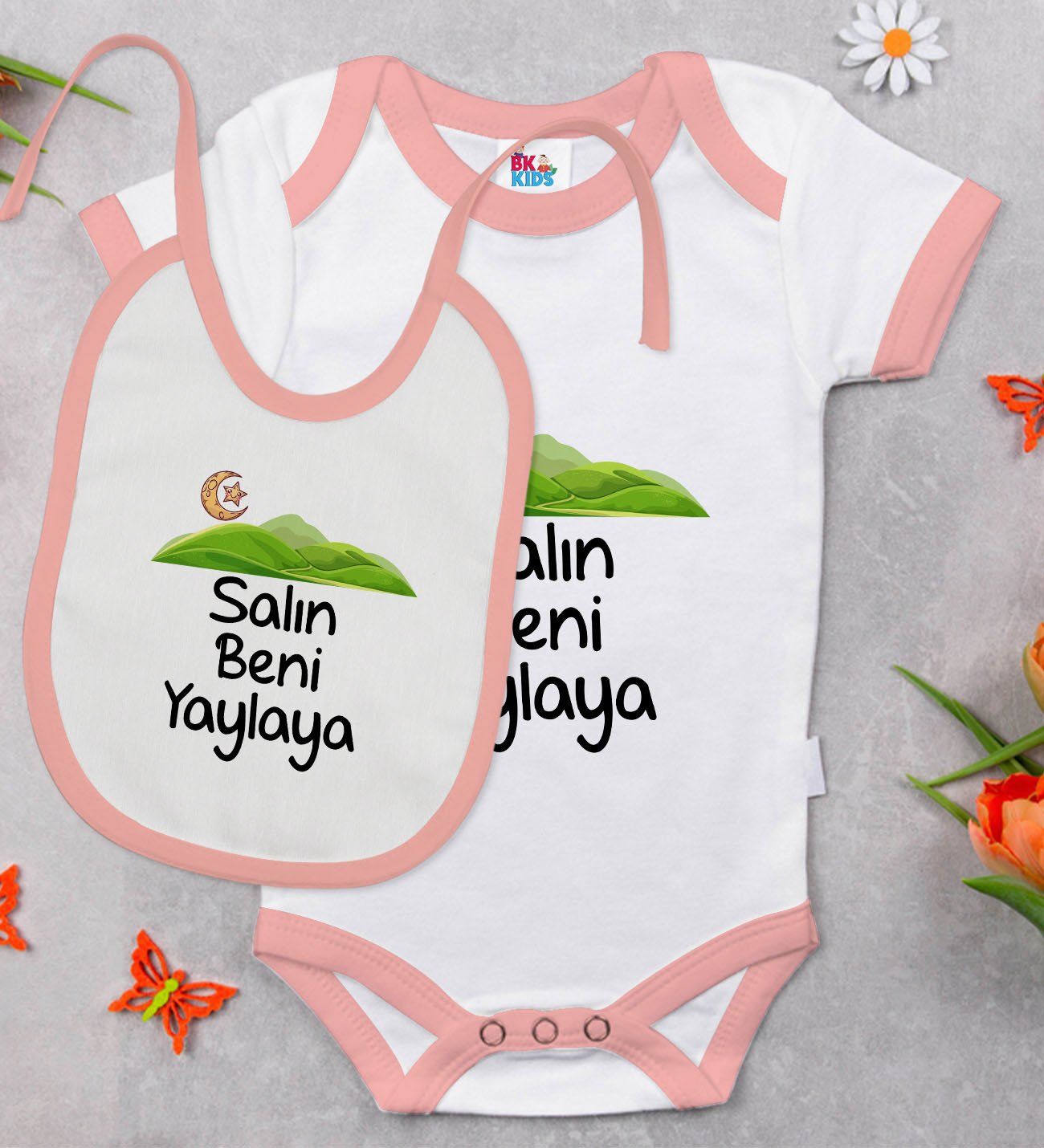 BK Kids Salın Beni Yaylaya Tasarımlı Pembe Bebek Body Zıbın ve Mama Önlüğü Hediye Seti-1