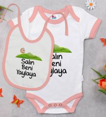 BK Kids Salın Beni Yaylaya Tasarımlı Pembe Bebek Body Zıbın ve Mama Önlüğü Hediye Seti-1