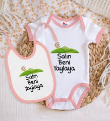 BK Kids Salın Beni Yaylaya Tasarımlı Pembe Bebek Body Zıbın ve Mama Önlüğü Hediye Seti-1