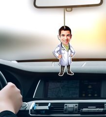 Kişiye Özel Bay Doktor Karikatürlü Ahşap Araba Dikiz Ayna Süsü-1