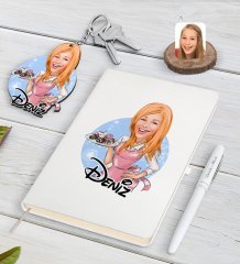 Kişiye Özel Kadın Aşçı Karikatürlü Beyaz Defter Kalem ve Anahtarlık Hediye Seti-4