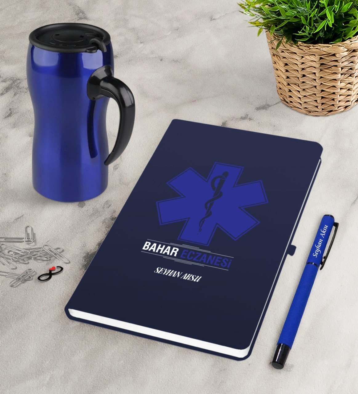 Kişiye Özel Eczane Lacivert Defter Kalem Termos Mug Seti-2