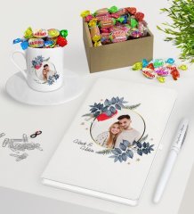 Kişiye Özel İsimli Fotoğraflı Beyaz Defter Kalem Türk Kahvesi Fincanı ve Kutulu Haribo Şeker Hediye Seti-34