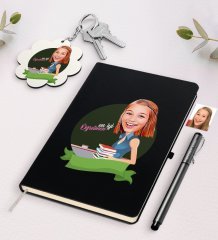 Kişiye Özel Bayan En İyi Öğretmen Karikatürlü Siyah Defter Kalem Ve Anahtarlık Hediye Seti-1