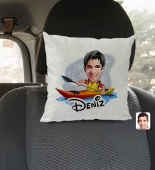 Kişiye Özel İsimli Erkek Kanocu Karikatürlü Kare Araç Koltuk Yastığı-1