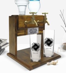 Kişiye Özel Renkli Baskılı Baş Harf İsim Tasarımlı İkili Rakı Bardağı ve Çift Musluklu Doğal Ahşap Rakı Standı-10