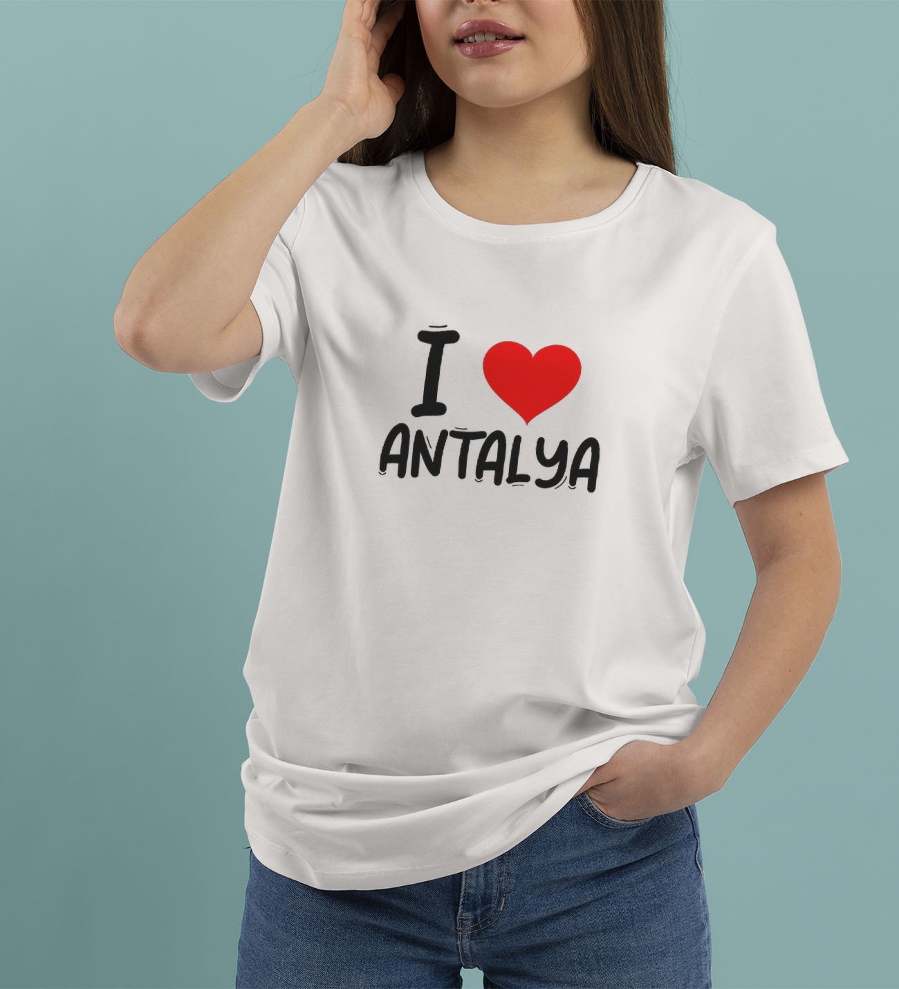 BK Gift I Love Antalya Tasarımlı Kadın Yuvarlak Yaka Tişört-1
