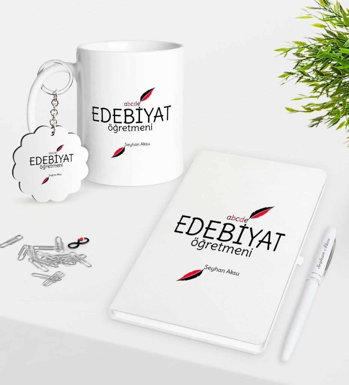 Kişiye Özel Edebiyat Öğretmeni Kupa Anahtarlık Beyaz Defter Kalem Hediye Seti-5