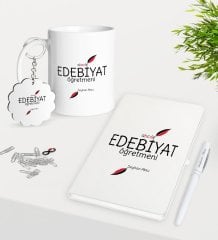 Kişiye Özel Edebiyat Öğretmeni Kupa Anahtarlık Beyaz Defter Kalem Hediye Seti-5