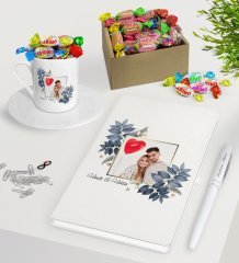 Kişiye Özel İsimli Fotoğraflı Beyaz Defter Kalem Türk Kahvesi Fincanı ve Kutulu Haribo Şeker Hediye Seti-33