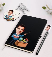 Kişiye Özel Erkek Öğretmen Karikatürlü Siyah Defter Kalem Ve Anahtarlık Hediye Seti-5