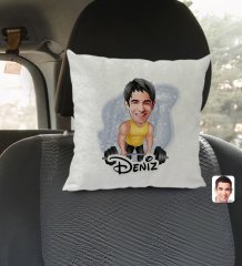 Kişiye Özel İsimli Erkek Halterci Karikatürlü Kare Araç Koltuk Yastığı-1