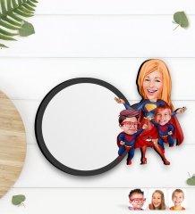 Kişiye Özel Süper Anne ve Süper Çocuklar Karikatürlü Ahşap Bardak Altlığı-1