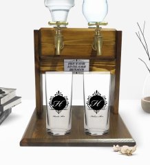 Kişiye Özel Renkli Baskılı Baş Harf İsim Tasarımlı İkili Rakı Bardağı ve Çift Musluklu Doğal Ahşap Rakı Standı-9