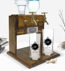 Kişiye Özel Renkli Baskılı Baş Harf İsim Tasarımlı İkili Rakı Bardağı ve Çift Musluklu Doğal Ahşap Rakı Standı-9