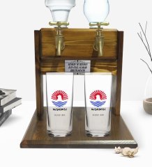 Kişiye Özel Renkli Baskılı Kuşadası Tasarımlı Turistik İkili Rakı Bardağı ve Çift Musluklu Doğal Ahşap Rakı Standı-1