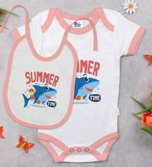 BK Kids Summer Time Tasarımlı Pembe Bebek Body Zıbın ve Mama Önlüğü Hediye Seti-1