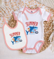 BK Kids Summer Time Tasarımlı Pembe Bebek Body Zıbın ve Mama Önlüğü Hediye Seti-1
