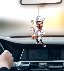 Kişiye Özel Bay Chef Karikatürlü Ahşap Araba Dikiz Ayna Süsü-1