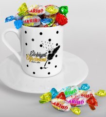 Kişiye Özel Edebiyat Öğretmeni Türk Kahvesi Fincanı ve Haribo Şeker Hediye Seti-3