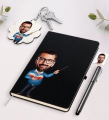 Kişiye Özel Erkek Öğretmen Karikatürlü Siyah Defter Kalem Ve Anahtarlık Hediye Seti-4