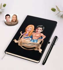 Kişiye Özel Yılın En Mükemmel Çifti Karikatürlü Siyah Defter ve Kalem Hediye Seti-8