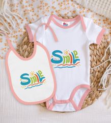 BK Kids Smile Tasarımlı Pembe Bebek Body Zıbın ve Mama Önlüğü Hediye Seti-1