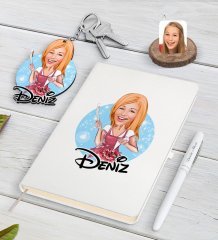 Kişiye Özel Kadın Aşçı Karikatürlü Beyaz Defter Kalem ve Anahtarlık Hediye Seti-1