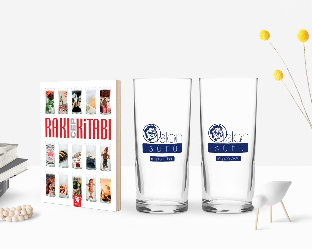 Kişiye Özel Renkli Baskılı Aslan Sütü Tasarımlı İkili Rakı Bardağı ve Rakı Cep Kitabı Hediye Seti-2