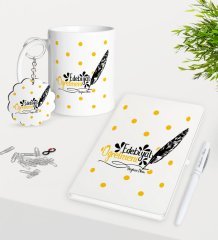 Kişiye Özel Edebiyat Öğretmeni Kupa Anahtarlık Beyaz Defter Kalem Hediye Seti-2