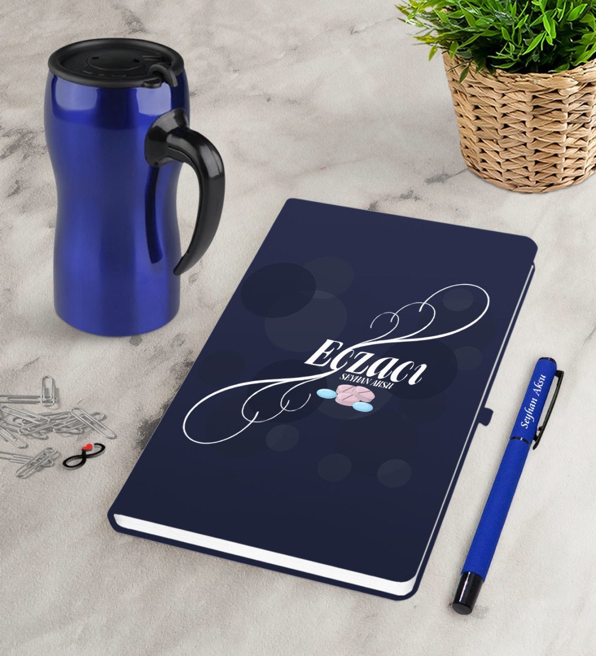 Kişiye Özel Eczacı Lacivert Defter Kalem Termos Mug Seti-8