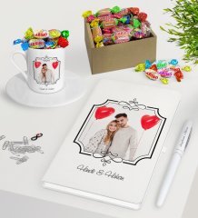 Kişiye Özel İsimli Fotoğraflı Beyaz Defter Kalem Türk Kahvesi Fincanı ve Kutulu Haribo Şeker Hediye Seti-31