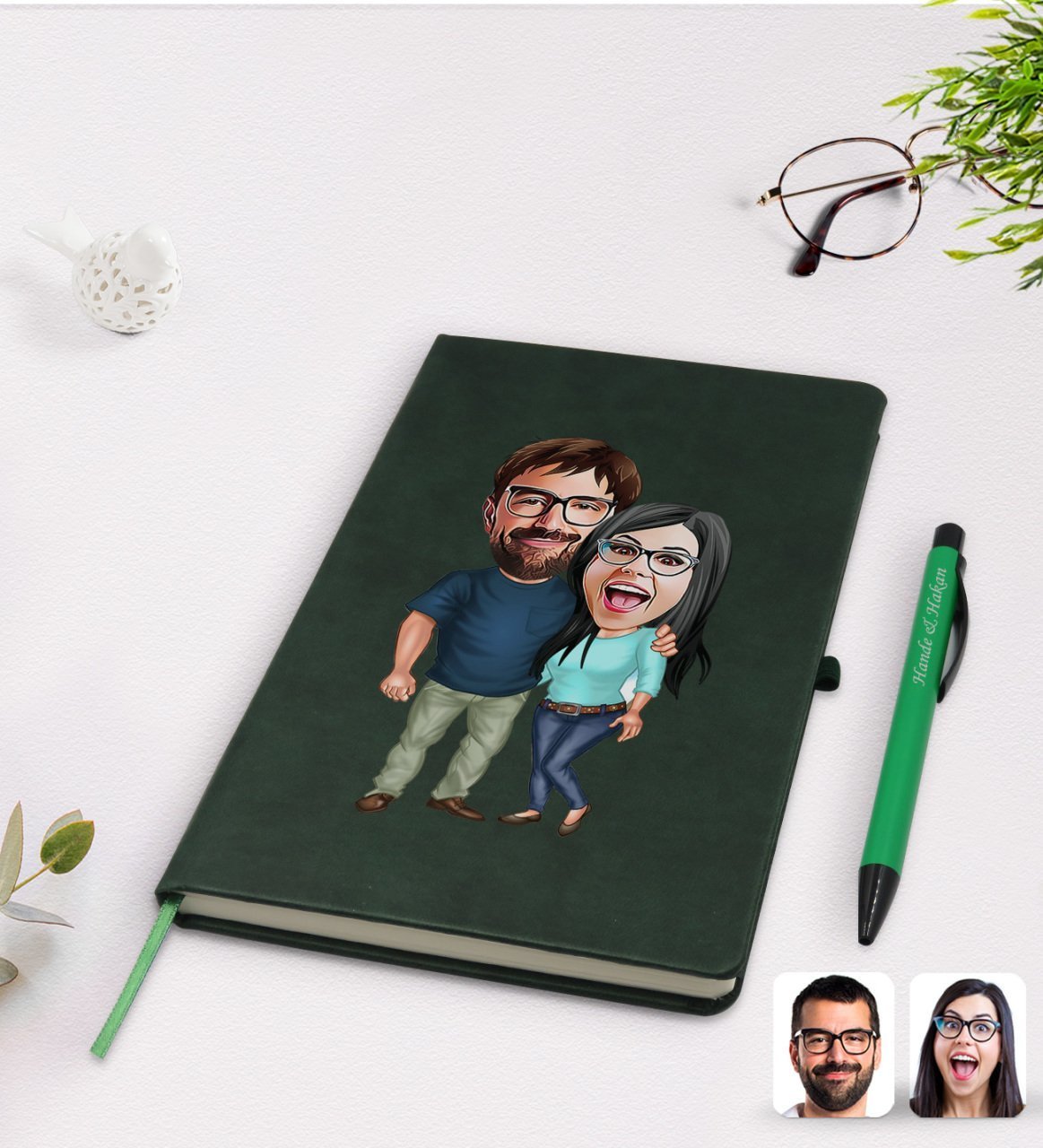 Kişiye Özel Sevgililer Karikatürlü Yeşil Termo Deri Defter Kalem Seti Model 109