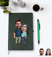 Kişiye Özel Sevgililer Karikatürlü Yeşil Termo Deri Defter Kalem Seti Model 109