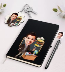 Kişiye Özel Erkek Öğretmen Karikatürlü Siyah Defter Kalem Ve Anahtarlık Hediye Seti-2