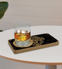Kişiye Özel Retro Motif Tasarımlı Doğal Ahşap Tabaklı Viski Bardağı Sunum Seti Model 10