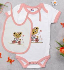 BK Kids Sevimli Ayıcık Tasarımlı Pembe Bebek Body Zıbın ve Mama Önlüğü Hediye Seti-2