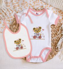 BK Kids Sevimli Ayıcık Tasarımlı Pembe Bebek Body Zıbın ve Mama Önlüğü Hediye Seti-2