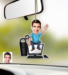 Kişiye Özel Bay Bilgisayar Mühendisi Karikatürlü Ahşap Araba Dikiz Ayna Süsü